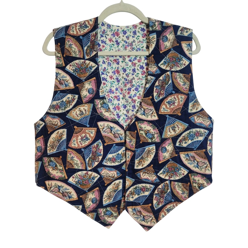 Vintage Style Reversible Quilted Vest Navy Victorian Fan Ditsy Floral Print